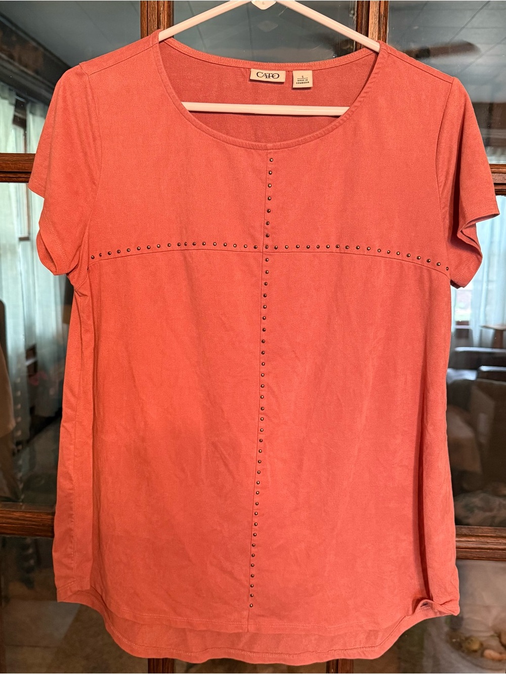 Cato Coral Pink‎ Faux Suede Studded Cross Short Sleeve Top Small